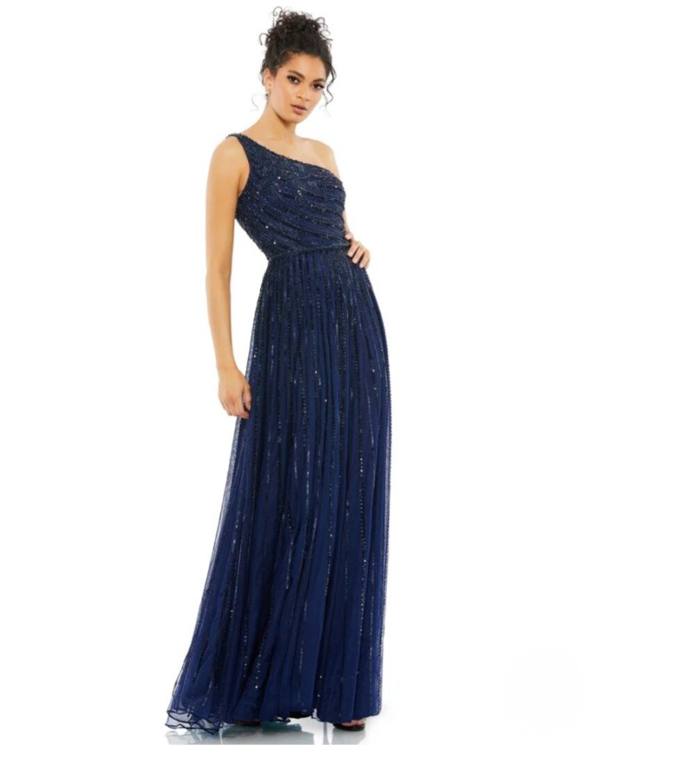 Mac Duggal One Shoulder Beaded A-Line Tulle Gown Sweeping Train NWT Size 6 5220